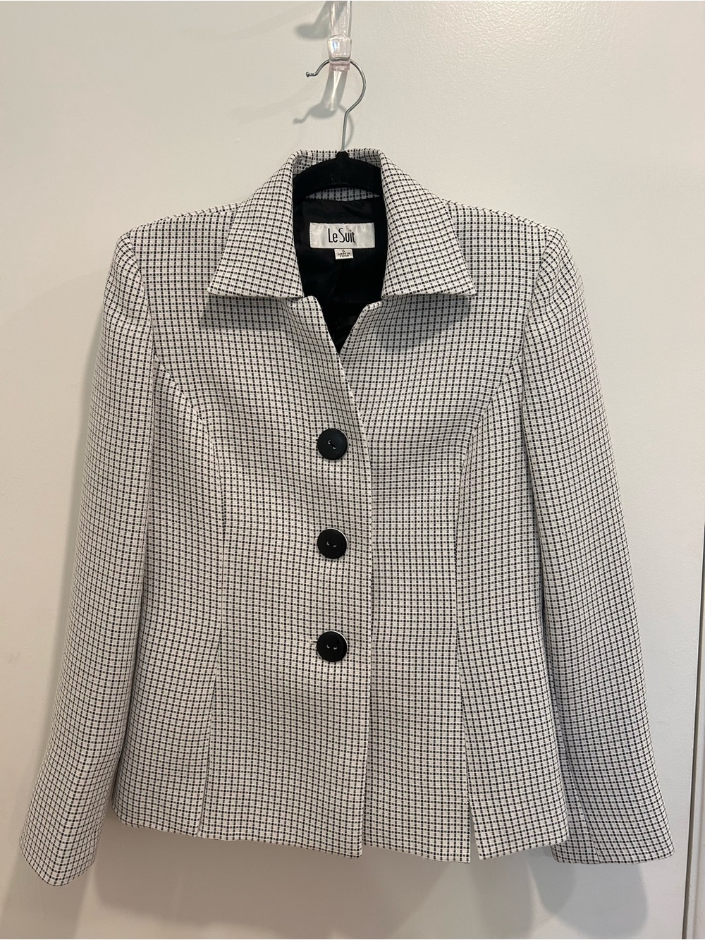 Le Suit Black & White Grid Blazer with Button Front